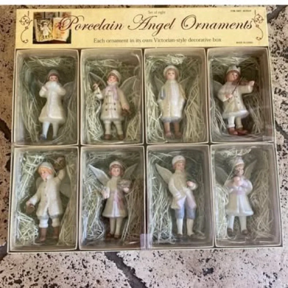 Vintage Porcelain Victorian Style Angel Christmas Ornaments Set Of 8 W/Boxes